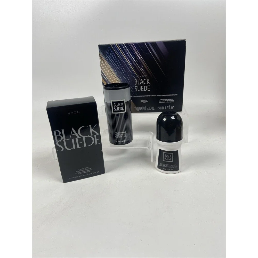 Gift Set Avon BLACK SUEDE Mens Spray Cologne Talc Powder Deodorant : 3 Pieces